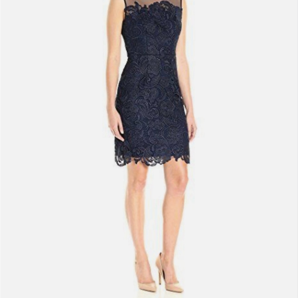 Decode 1.8 Sheer Navy Blue Lace Illusion Yoke Sheath Cocktail Shift Dress